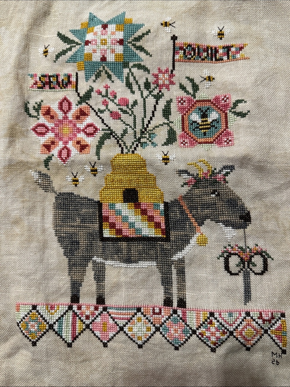 “Sew” “Quilt” Unframed Goat cross stitch on linen